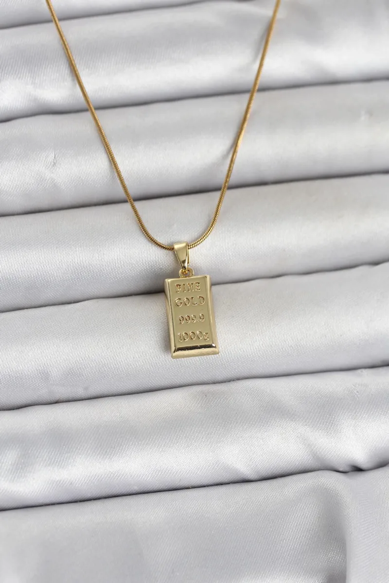 Külçe Görünümlü Gold Renk Çelik Kolye