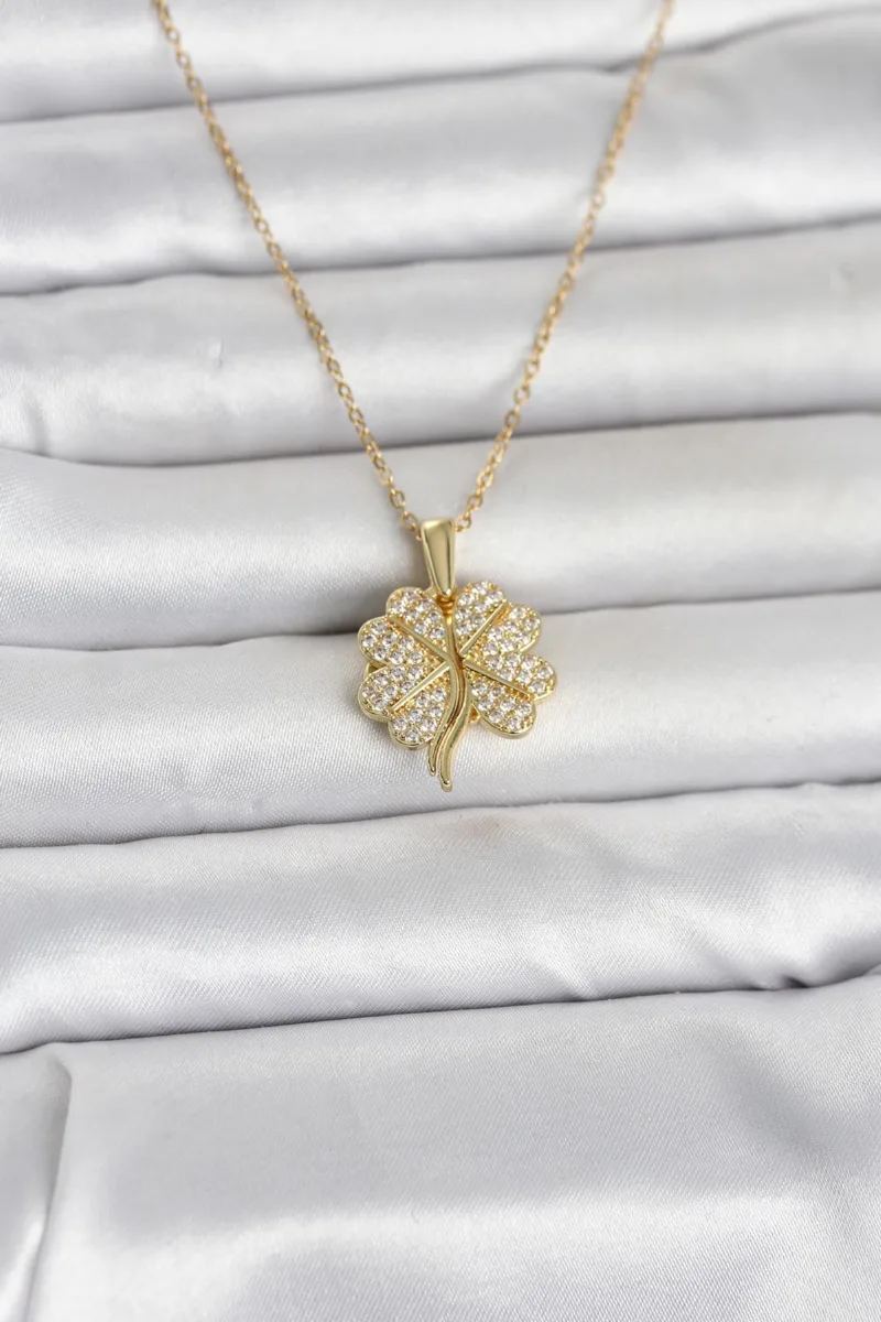 Açılabilir Yonca Model Zirkon Taşlı Gold Çelik Kolye