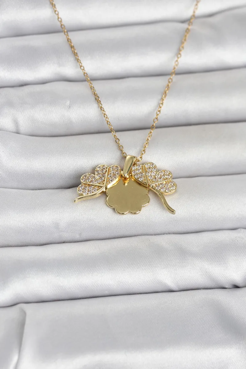 Açılabilir Yonca Model Zirkon Taşlı Gold Çelik Kolye