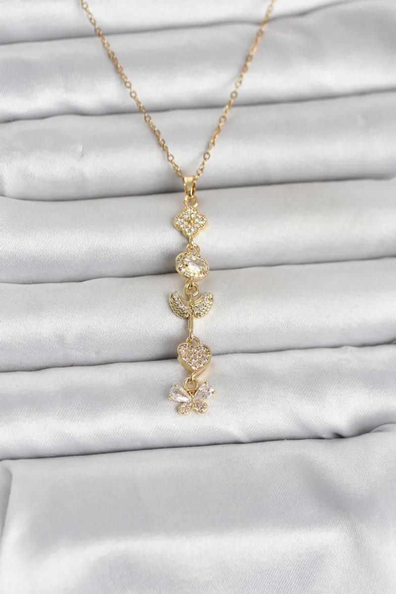 Şans Temalı Zirkon Taşlı Gold Çelik Kolye