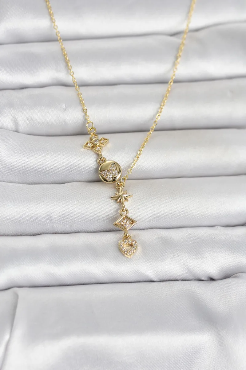 Zirkon Taşlı Y Model Gold Çelik Kolye