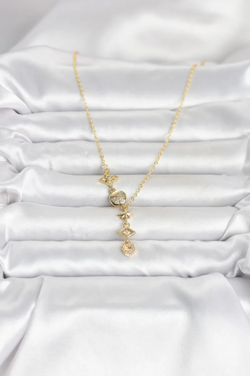 Zirkon Taşlı Y Model Gold Çelik Kolye