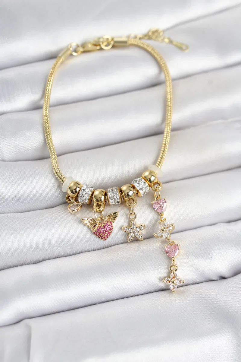 Kalp Çiçek Figürlü Gold Renk Charm Bileklik