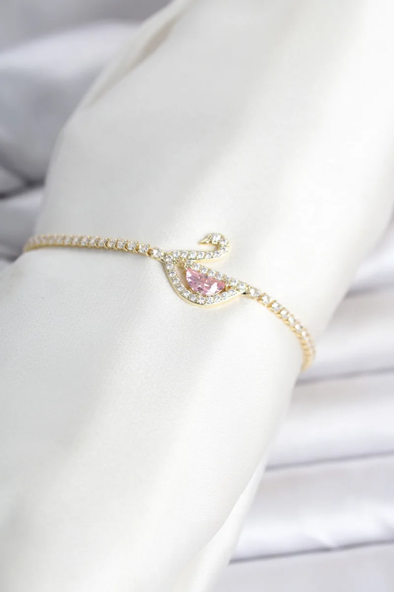 Kuğu Model Zirkon Taşlı Gold Renk Bileklik