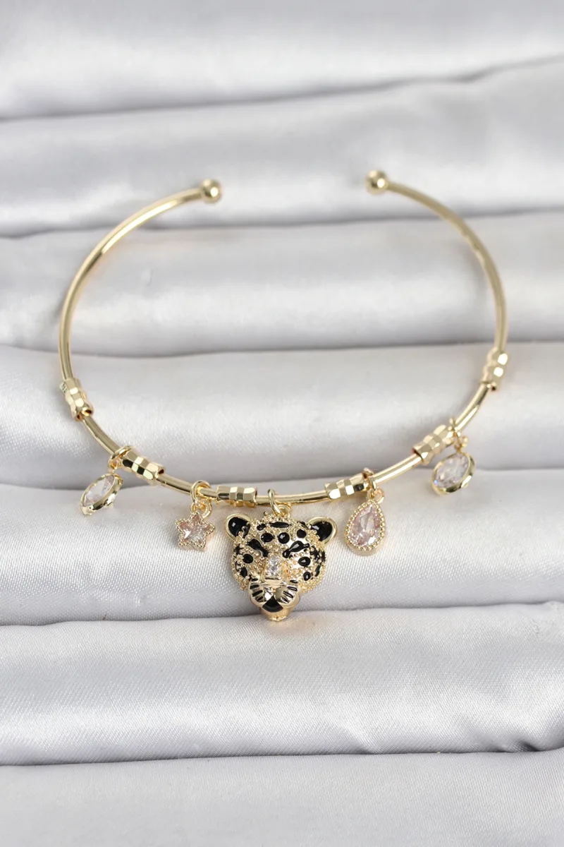 Leopar Detaylı Sallantılı Gold Renk Bileklik