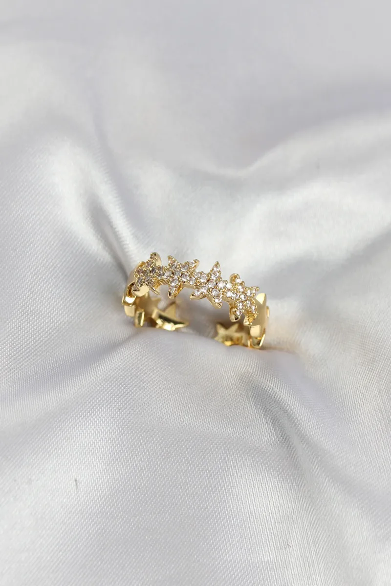 Sıralı Yıldız Model Zirkon Taşlı Gold Pirinç Yüzük